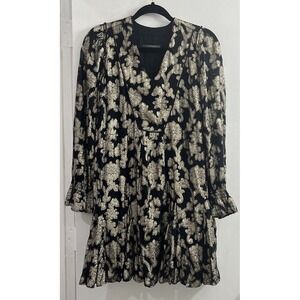 Anthropologie Small Black Gold Floral Metallic Mini Long Sleeve Swing Dress